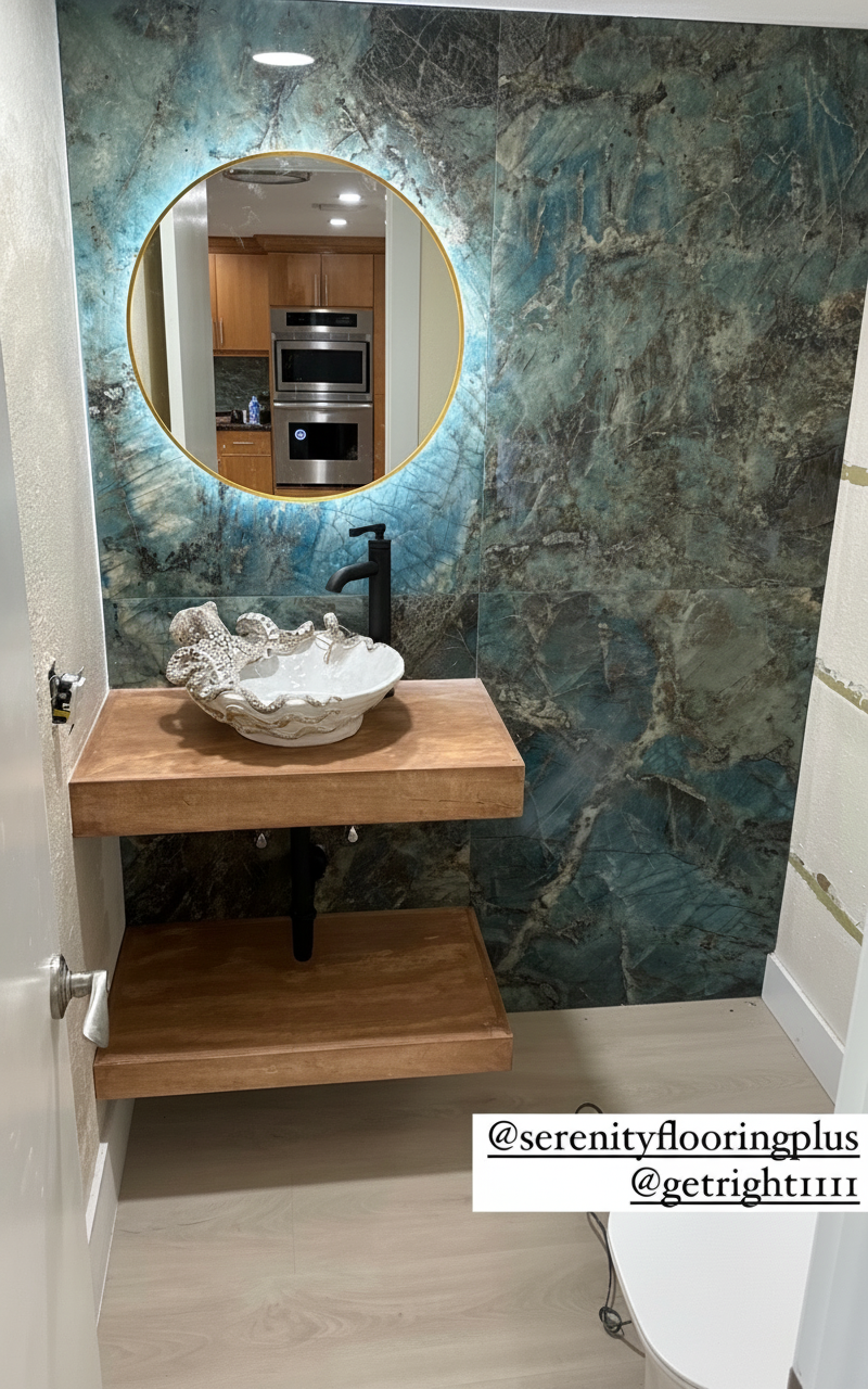 Bathroom with shell sink and round mirror — Highlands County remodel