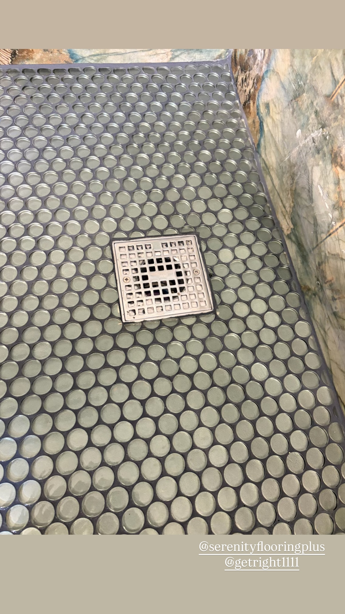 Penny tile floor with custom drain cover — bathroom remodel Sebring